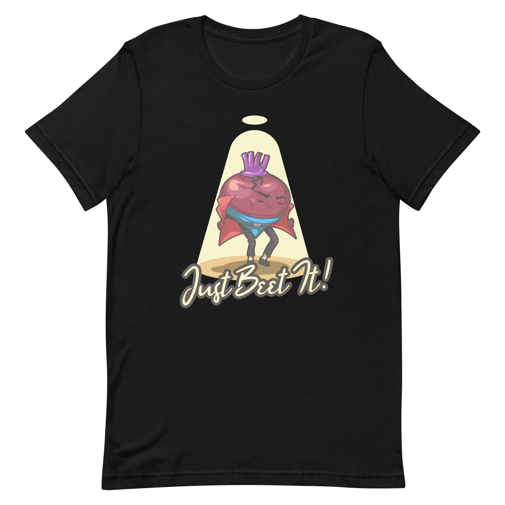 Image: 'Just Beet It' Tee - A veggie tribute to Michael Jackson's pose. Crafted from 100% combed cotton, 4.2 oz lightweight fabric. Responsibly sourced from Guatemala, Nicaragua, Mexico, Honduras, or the US. Pre-shrunk, side-seamed construction. A pun-tastic masterpiece by Food Fighter Tee's.