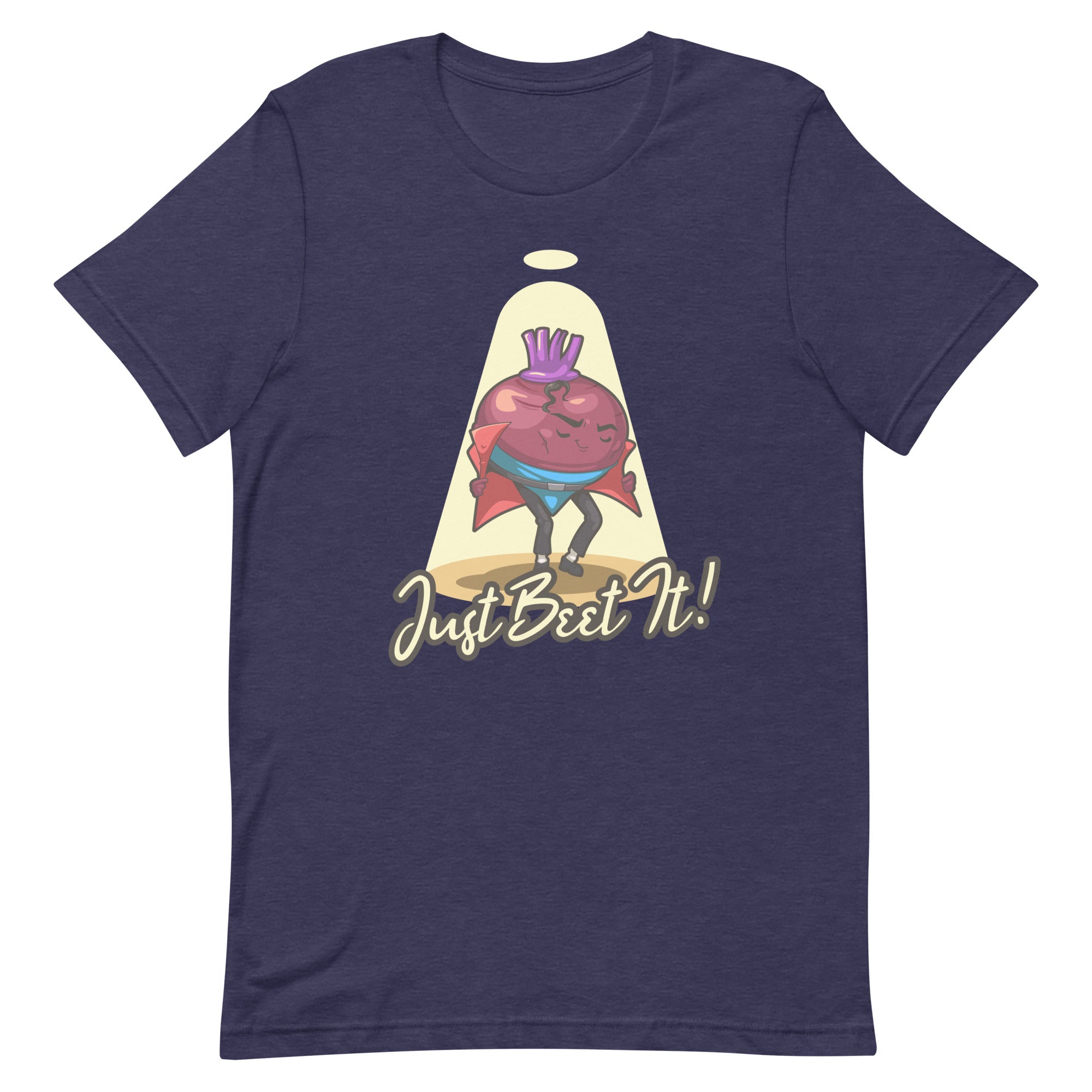 Image: 'Just Beet It' Tee - A veggie tribute to Michael Jackson's pose. Crafted from 100% combed cotton, 4.2 oz lightweight fabric. Responsibly sourced from Guatemala, Nicaragua, Mexico, Honduras, or the US. Pre-shrunk, side-seamed construction. A pun-tastic masterpiece by Food Fighter Tee's.