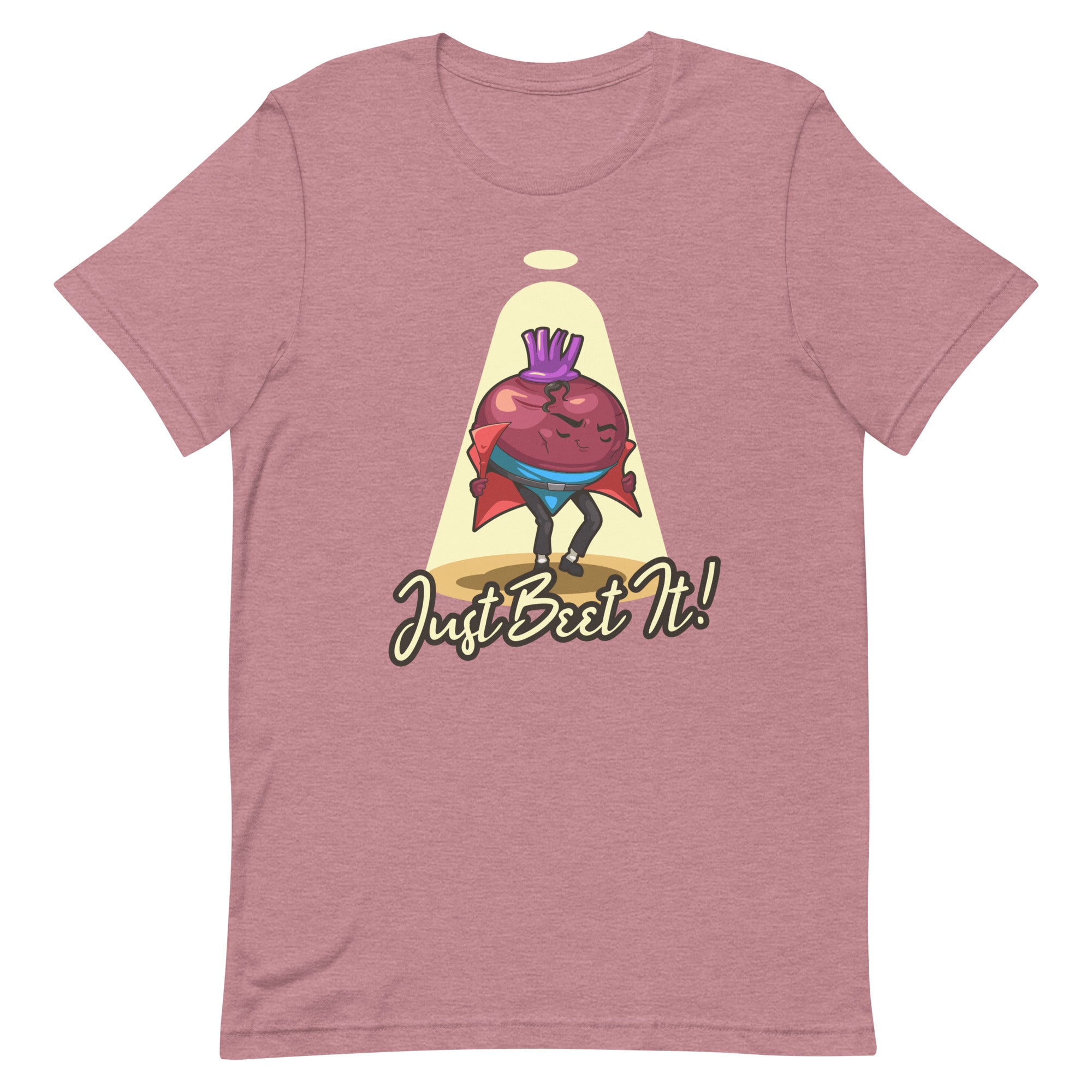 Image: 'Just Beet It' Tee - A veggie tribute to Michael Jackson's pose. Crafted from 100% combed cotton, 4.2 oz lightweight fabric. Responsibly sourced from Guatemala, Nicaragua, Mexico, Honduras, or the US. Pre-shrunk, side-seamed construction. A pun-tastic masterpiece by Food Fighter Tee's.